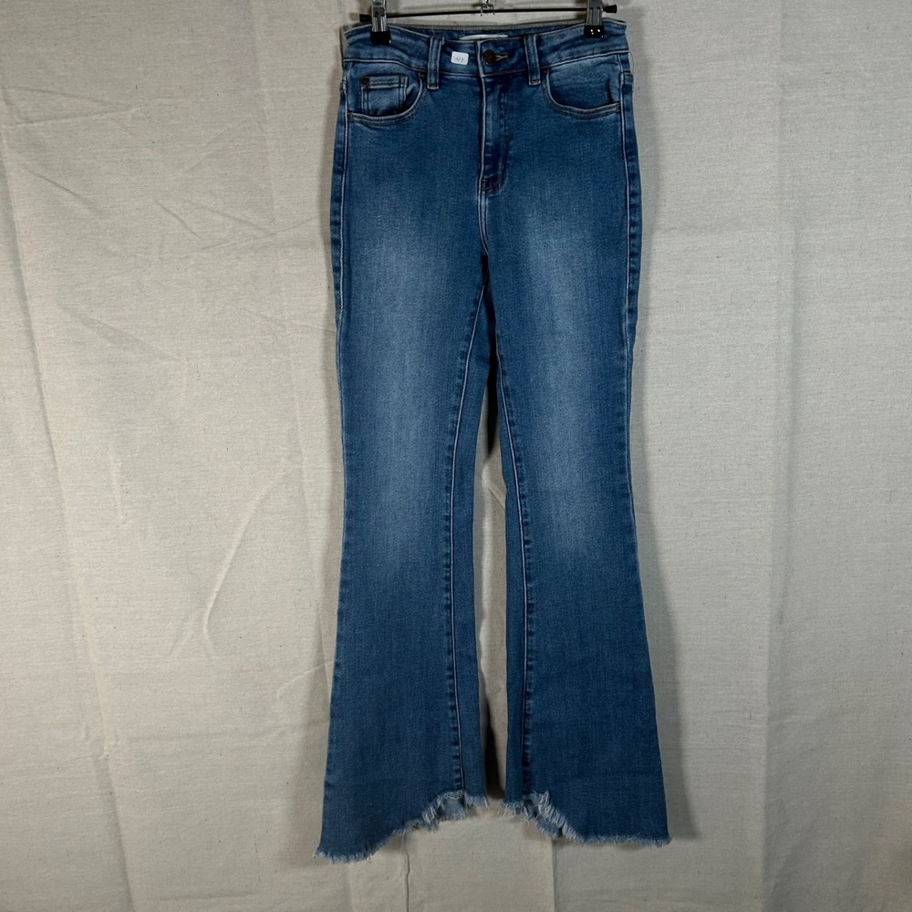 Nature Denim by KanCan High Rise Flare Jeans Medium Wash Raw Hem NT1251M Size 5